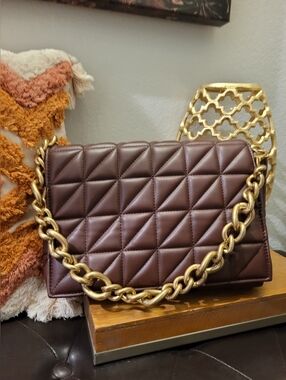 Quilted Chocolate Brown Shoulder Bag with Chunky Gold Chain